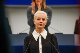 Yulia Navalnaya, the widow of Alexei Navalny, addresses the European Parliament, in Strasbourg, France, February 28, 2024 [Johanna Geron/Reuters]