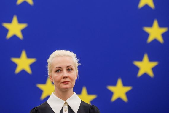 Yulia Navalnaya, the widow of Alexei Navalny, the Russian opposition leader who died in a prison camp, looks on during the day she addresses the European Parliament, in Strasbourg, France February 28, 2024