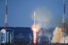 A Soyuz-2.1b rocket booster with a Fregat upper stage, carrying Russian the Meteor-M spacecraft and 18 Russian and foreign additional small satellites, blasts off from a launchpad at the Vostochny Cosmodrome in the far eastern Amur region, Russia, on February 29, 2024