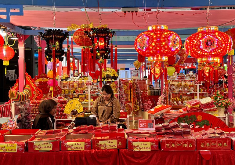 A stall selling Lunar New Year decorations. The festival used to be banned in Indonesia.