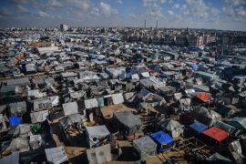 An aerial view of the makeshift tents as the Palestinian families seek refuge at the El-Mavasi district as they struggle to find clean water, food and medicine as the Israeli attacks continue in Rafah