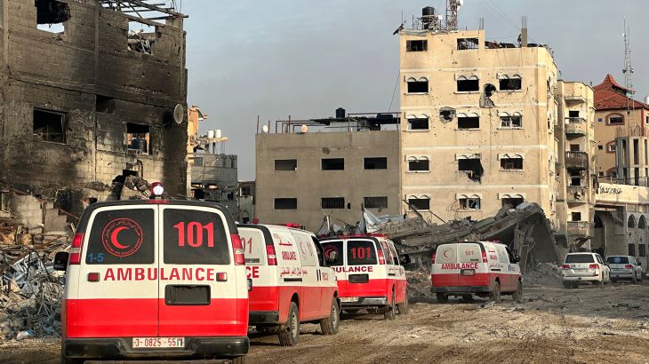 This handout photograph taken on February 18, 2024 by the World Health Organization (WHO), shows a convoy of ambulances during a WHO, UN humanitarian agency OCHA and Palestinian Red Crescent mission to evacuate patients from Nasser hospital in Khan Yunis in the southern Gaza Strip.