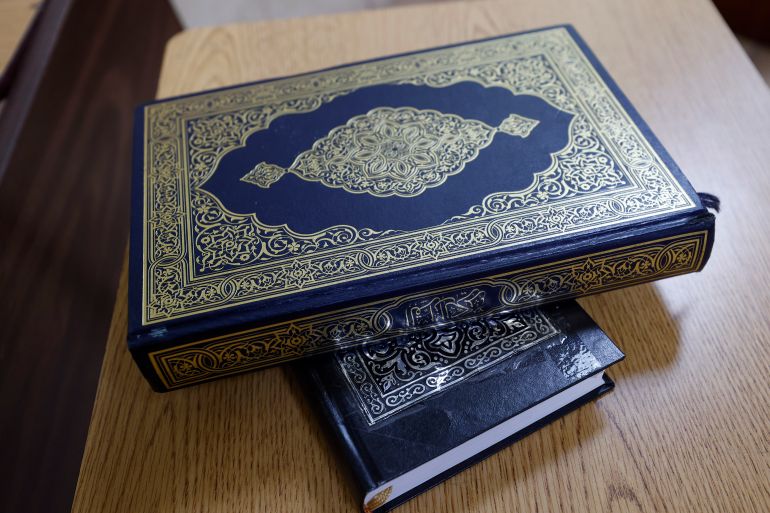 The Quran is seen during a service, Friday, Oct. 13, 2023, at the Islamic Center of East Lansing in East Lansing, Mich. (AP Photo/Al Goldis)