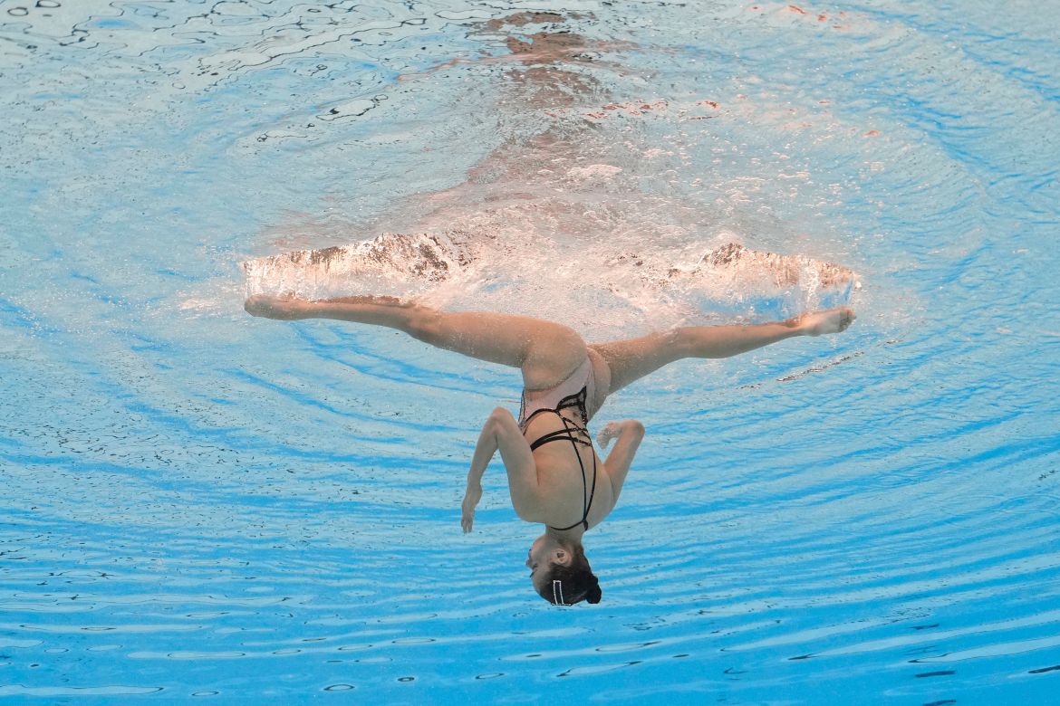Karina Magrupova of Kazakhstan competes in the women's solo free of artistic swimming at the World Aquatics Championships in Doha, Qatar, Sunday, Feb. 4