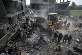 Palestinians search for survivors after an Israeli airstrike on a residential building of the Yaghi family in Deir el-Balah, Gaza Strip, Friday, Feb. 23, 2024. [Adel Hana/AP]