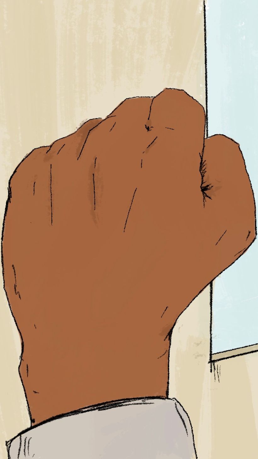 An illustration of a person who is a prisoner's fist banging on a door.