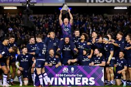 Scotland celebrate with the Calcutta Cup after defeating England during the Guinness Six Nations 2024 match at BT Murrayfield Stadium on February 24, 2024 in Edinburgh