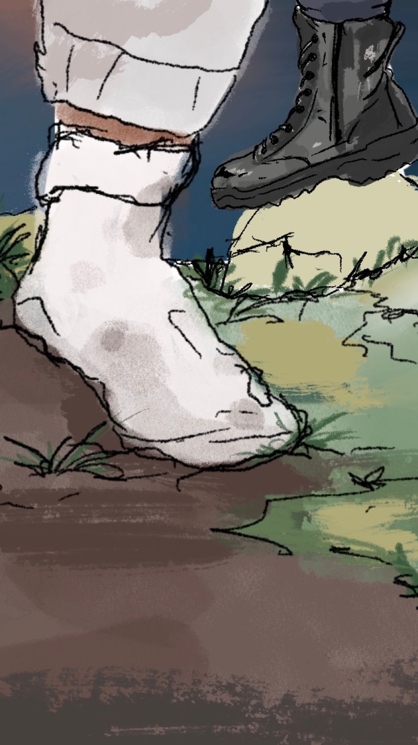 An illustration of a person who is a prisoner walking on grass and mud but with only their feet with muddy socks showing with two police officers with only their feet showing and their black boots, one on each side of the person with muddy socks in the middle.