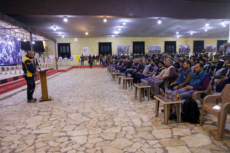 Syrian Civil Defense Director Raed Al-Saleh speaks during the commemoration of the first anniversary of the earthquake that struck northwestern Syria