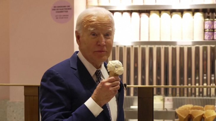 Biden holding an ice cream cone while discussing Gaza ceasefire progress