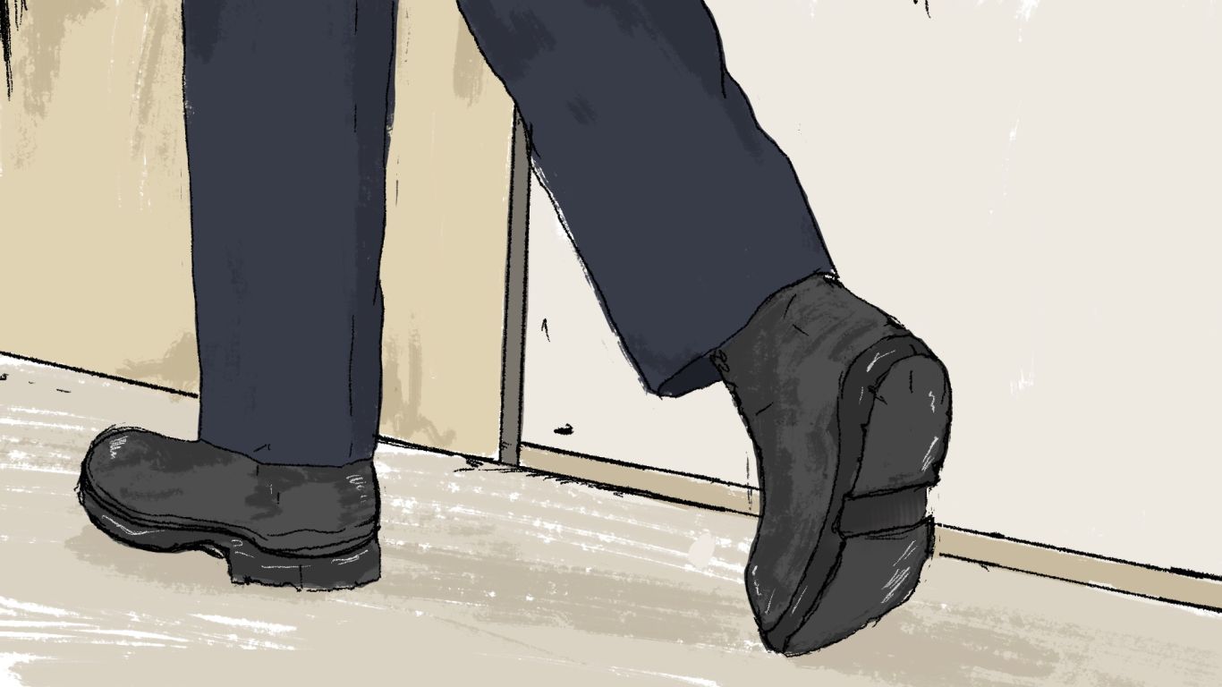 An illustration of a police officer's legs with their feet moving.