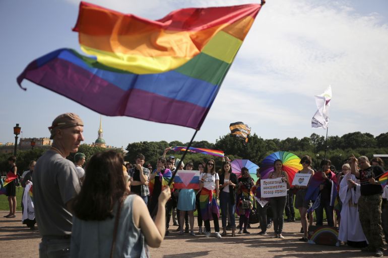 People take part in the LGBT (lesbian, gay, bisexual, and transgender) community rally "VIII St.Petersburg Pride