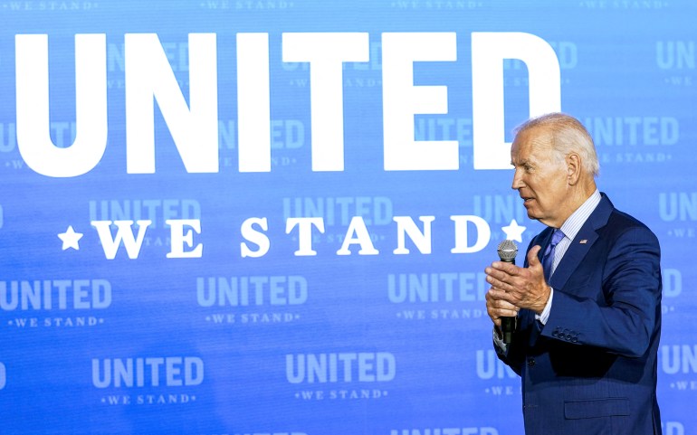 Joe Biden delivers a speech after the launch of a national initiative to combat hate in the US