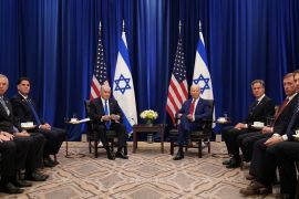 U.S. President Joe Biden and Israeli Prime Minister Benjamin Netanyahu are flanked by their delgations during a bilateral meeting on the sidelines of the 78th U.N. General Assembly in New York City, U.S..