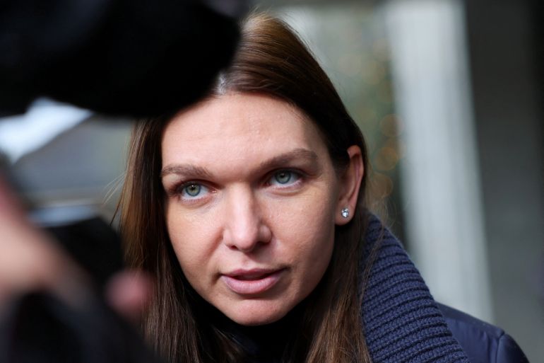 FILE PHOTO: Tennis player Simona Halep of Romania speaks to the media after a hearing for a doping case against her, at the Court of Arbitration for Sport (CAS) in Lausanne, Switzerland February 9, 2024. REUTERS/Denis Balibouse/File Photo