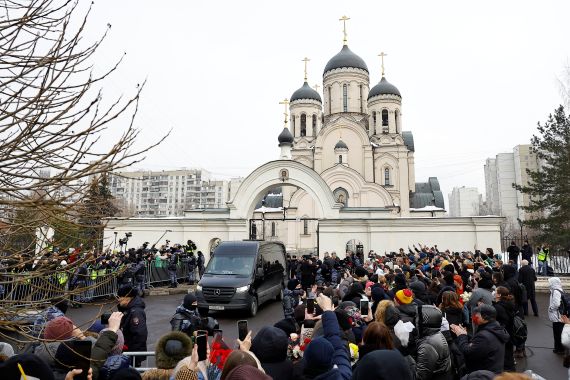 A hearse, which reportedly transports a coffin with the body of Russian opposition politician Alexei Navalny, is parked outside the Soothe My Sorrows church before a funeral service and farewell ceremony in Moscow, Russia, March 1, 2024