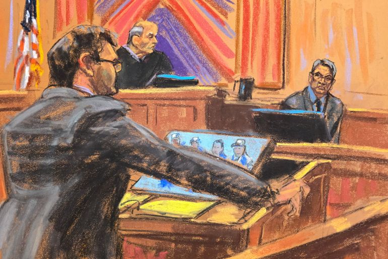 A courtroom sketch of prosecutors interrogating Juan Orlando Hernandez in court.