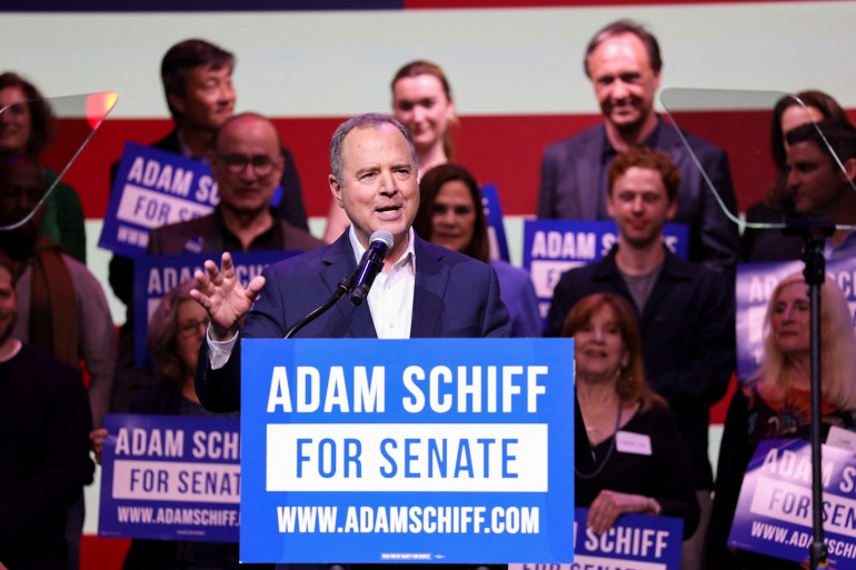 Adam Schiff stands behind a podium that reads: Adam Schiff for Senate.