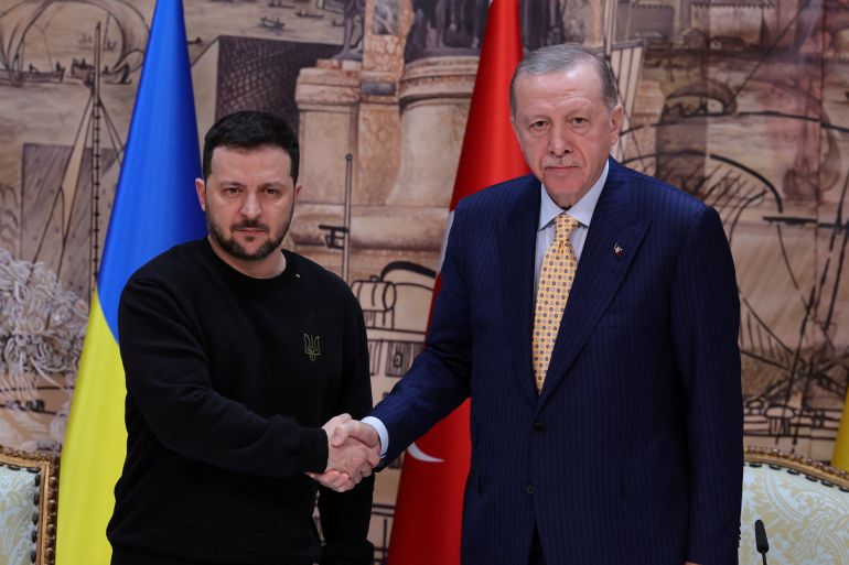 Ukrainian President Volodymyr Zelenskyy, left, shakes hands with his Turkish counterpart Tayyip Erdogan during a press conference in Istanbul, Turkey