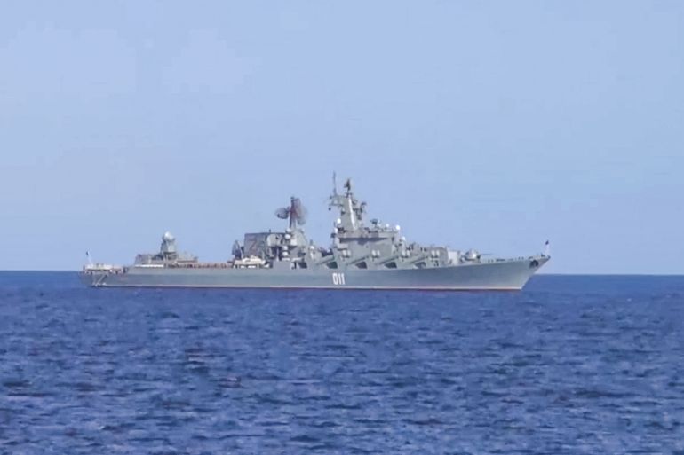 A view shows the Russian missile cruiser Varyag during the Maritime Security Belt 2024 international naval exercise of Russia, China and Iran in the Gulf of Oman