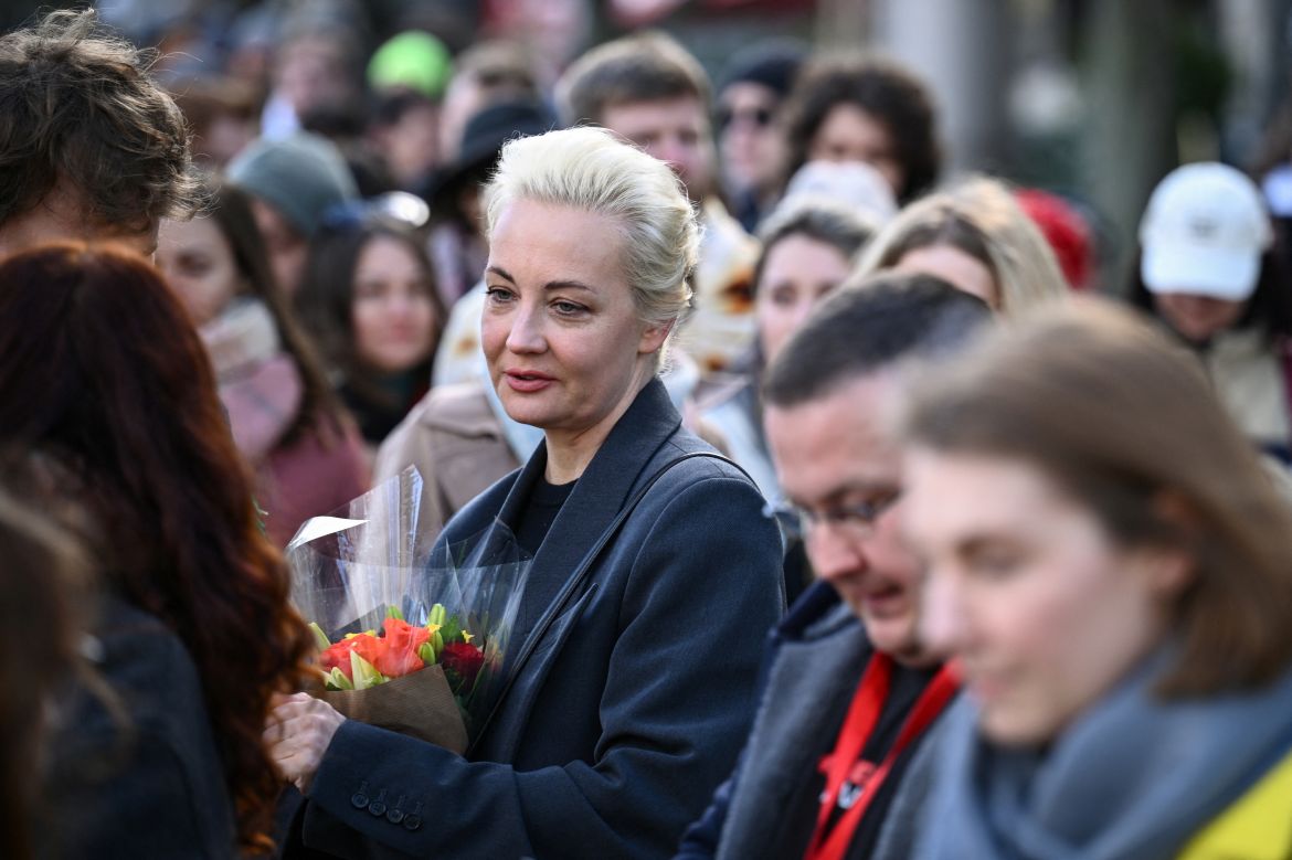 Yulia Navalnaya, the widow of Alexei Navalny, the Russian opposition leader who died in a prison camp, stands in a queue outside the Russian Embassy on the final day of the presidential election in Russia, in Berlin, Germany, March 17