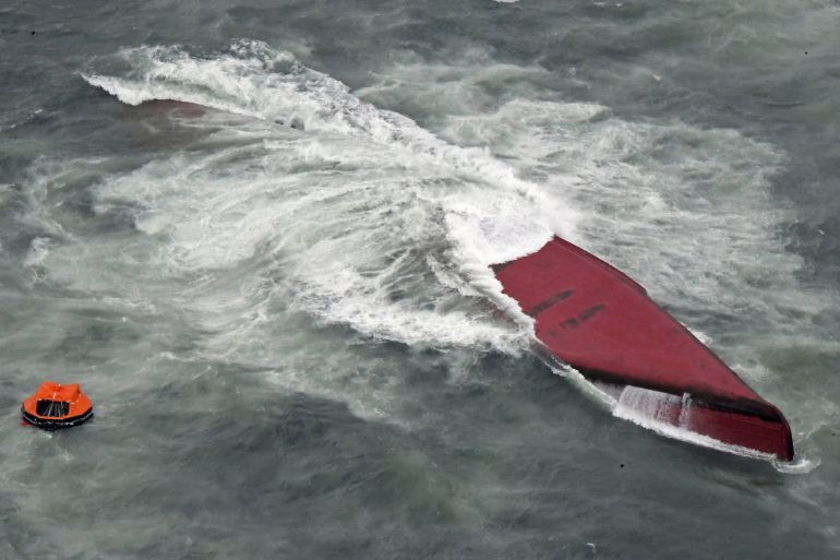 Keoyoung Sun, a South Korean-flagged chemical tanker, is capsized off the coast of Yamaguchi prefecture in western Japan, March 20, 2024, in this photo taken by Kyodo. Mandatory credit Kyodo via REUTERS ATTENTION EDITORS - THIS IMAGE WAS PROVIDED BY A THIRD PARTY. MANDATORY CREDIT. JAPAN OUT. NO COMMERCIAL OR EDITORIAL SALES IN JAPAN