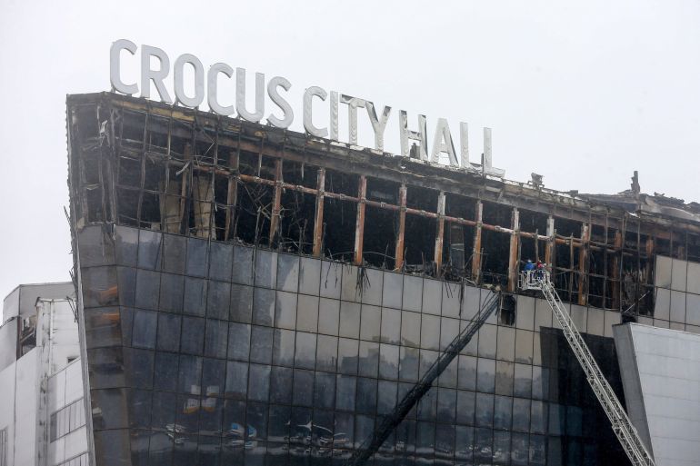 A view shows the Crocus City Hall concert venue following Friday's deadly attack, outside Moscow, Russia, March 23, 2024. Sergei Vedyashkin/Moscow News Agency/Handout via REUTERS ATTENTION EDITORS - THIS IMAGE HAS BEEN SUPPLIED BY A THIRD PARTY. MANDATORY CREDIT.