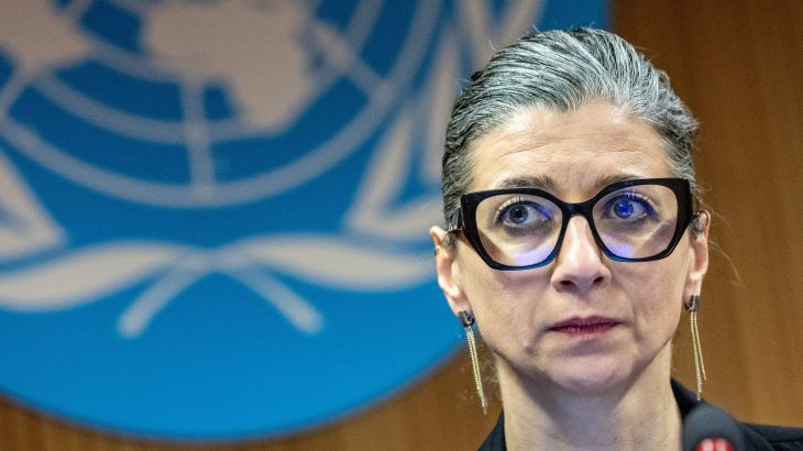 Francesca Albanese, UN special rapporteur on human rights in the Palestinian territories, attends a side event during the Human Rights Council at the United Nations in Geneva, Switzerland.