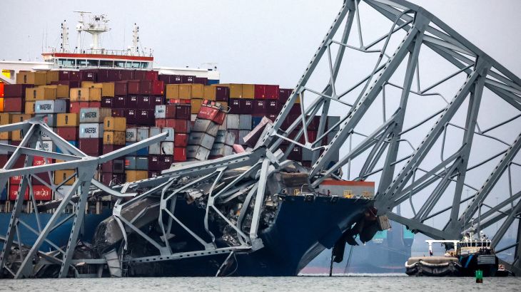 A view of the Dali cargo vessel which crashed into the Francis Scott Key Bridge causing it to collapse in Baltimore