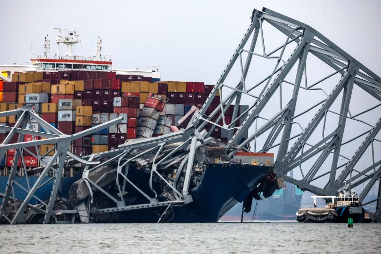 A view of the Dali cargo vessel which crashed into the Francis Scott Key Bridge causing it to collapse in Baltimore