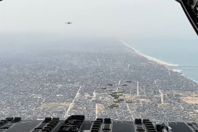 The Spanish Air Force drops humanitarian aid parcels over the Gaza Strip