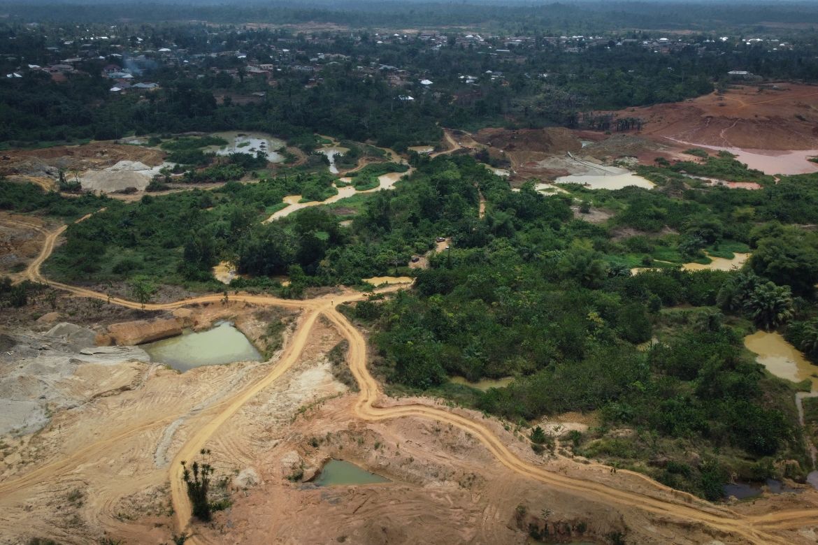 A drone view shows cocoa plantations and farms destroyed by illegal gold mining in Kwabeng, in the Eastern Region, Ghana, February 28