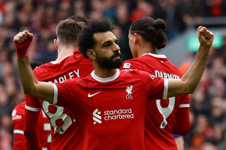 Liverpool's Mohamed Salah celebrates during his team's 2-1 victory over Brighton.