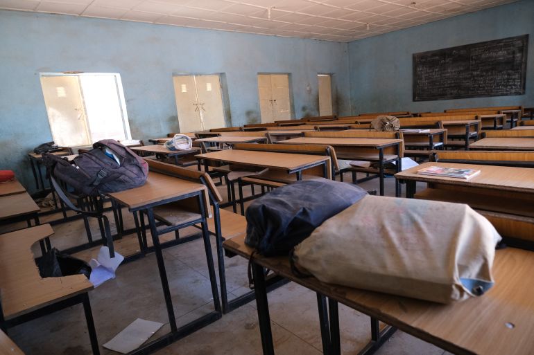 A view shows an empty classroom with school bags and wares belonging to pupils at the Government Science school where gunmen abducted students, in Kankara, in northwestern Katsina state