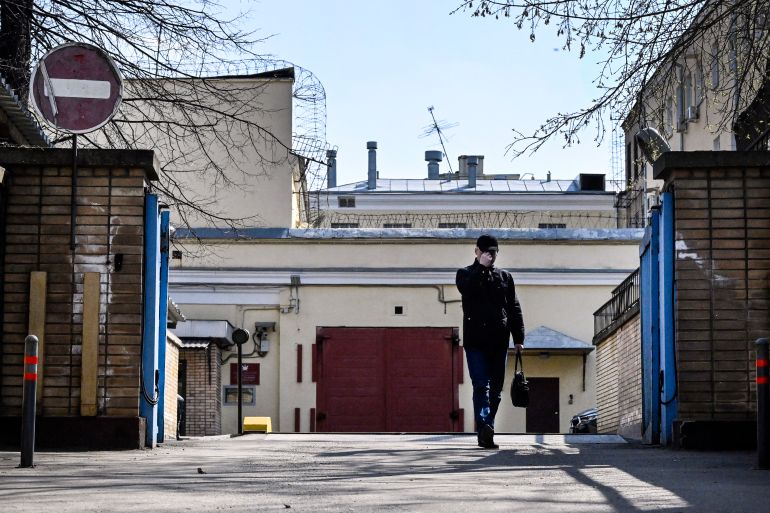 A man outside the entrance to Lefortovo prison in Moscow.