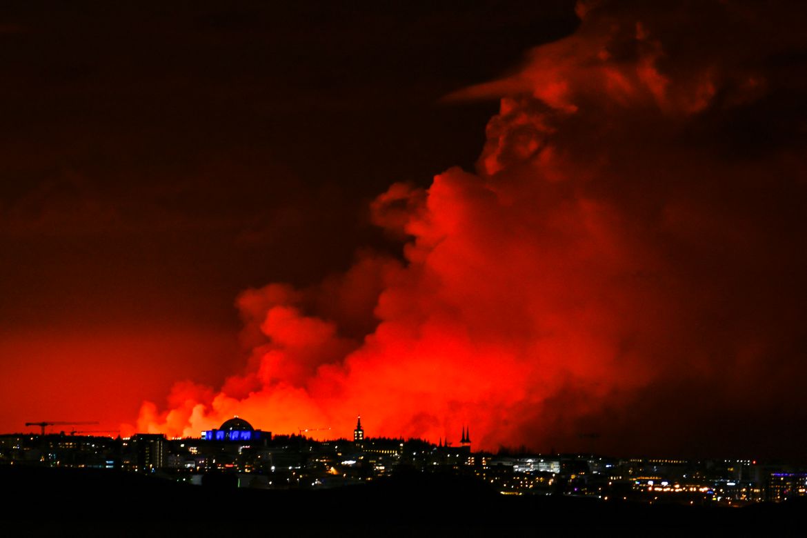 The skyline of Reykjavik against the backdrop of orange coloured sky