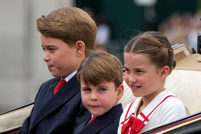 From left: Prince George, Prince Louis and Princess Charlotte leave Buckingham Palace