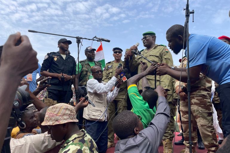 Mohamed Toumba, one of the soldiers who ousted Nigerian President Mohamed Bazoum, addresses supporters of Niger's ruling junta in Niamey in August 2023.