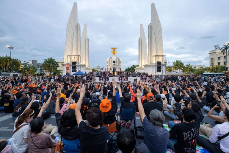 Supporters of the Move Forward Party gather at Democracy Monument during a protest in Bangkok, Thailand, on July 19, 2023