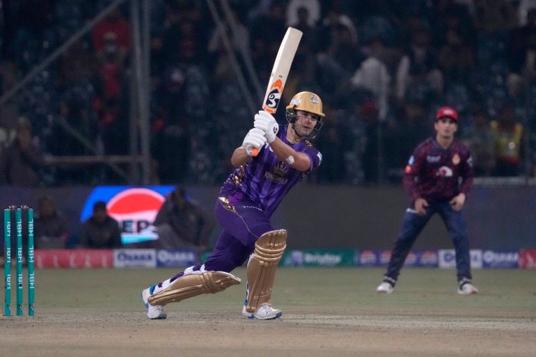 Quetta Gladiators' Rilee Rossouw plays a shot during the Pakistan Super League T20 cricket match between Islamabad United and Quetta Gladiators, in Lahore, Pakistan Thursday, Feb. 22, 2024. (AP Photo/K.M. Chaudary)