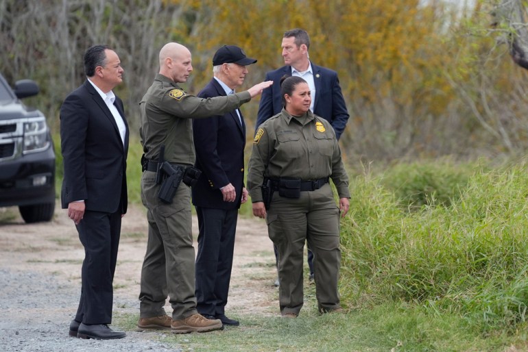 President Joe Biden talks with the U.S. Border Patrol, as he looks over the southern border, Thursday, February 29, 2024, in Brownsville, Texas