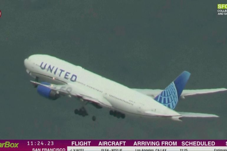 In this image taken from video provided by Cali Planes, a United Airlines Boeing 777 bound for Japan loses a tire as it takes off from San Francisco International Airport.