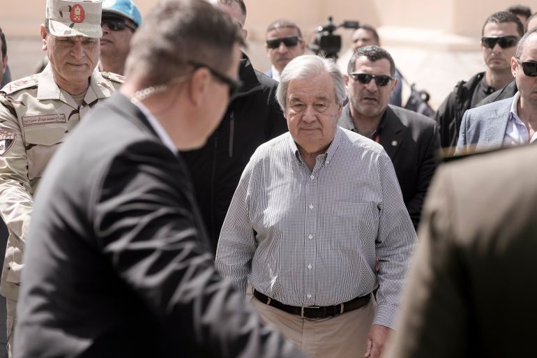 United Nations Secretary General Antonio Guterres arrives at El Arish International Airport, Egypt, before his visit to the Rafah border crossing between Egypt and the Gaza Strip, Saturday, March 23
