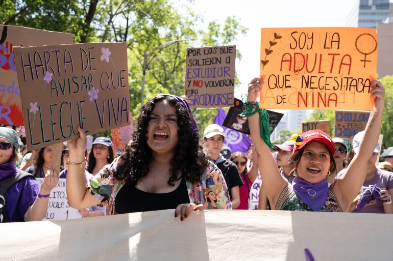 Women chanted as they marched through the city on International Women's Day March, Mexico, 08 March 2024.