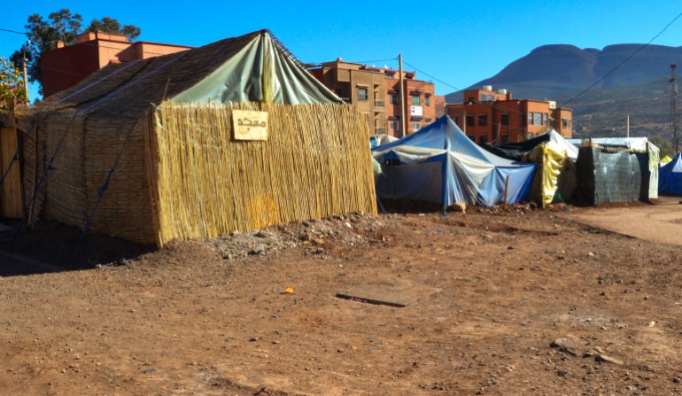 A makeshift mosque stands to the edge of the camp at Asni, near Marrakesh