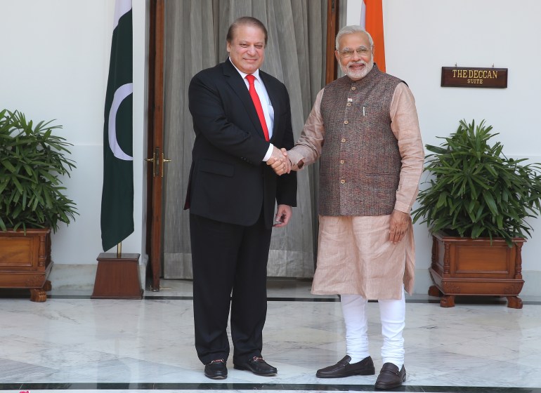 Nawaz Sharif became the first Pakistani premier to visit India to attend a prime minister's oath-taking in 2014. [Harish Tyagi/EPA]