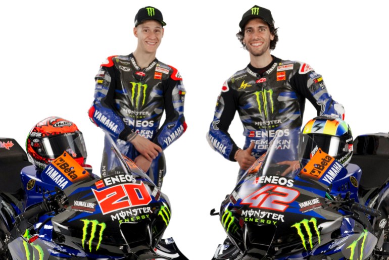 Fabio Quartararo (screen left) and Alex Rins at the 2024 Monster Energy Yamaha M1 bike launch at Gerno di Lesmo, Italy on February 3, 2024 (Photo courtesy: Monster Energy Yamaha Factory Team)