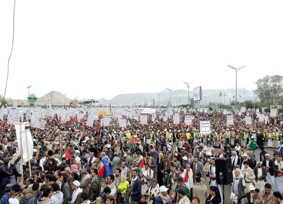 Houthi supporters take part in a rally marking the Al-Quds Day, in Sana'a, Yemen