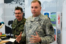 U.S. Army Europe commander Ben Hodges speaks as Polish general Boguslaw Samol stands during news conference during a visit to the Multinational Corps Northeast, NATO base at Szczecin in north-west Poland February 11, 2015. Hodges said on Wednesday the U.S. army will provide training to Ukrainian troops battling Russian-backed separatists in the country’s east. REUTERS/Cezary Aszkielowicz/Agencja Gazeta (POLAND – Tags: MILITARY POLITICS) ATTENTION EDITORS – THIS IMAGE HAS BEEN SUPPLIED BY A THIRD PARTY. IT IS DISTRIBUTED, EXACTLY AS RECEIVED BY REUTERS, AS A SERVICE TO CLIENTS. POLAND OUT. NO COMMERCIAL OR EDITORIAL SALES IN POLAND.