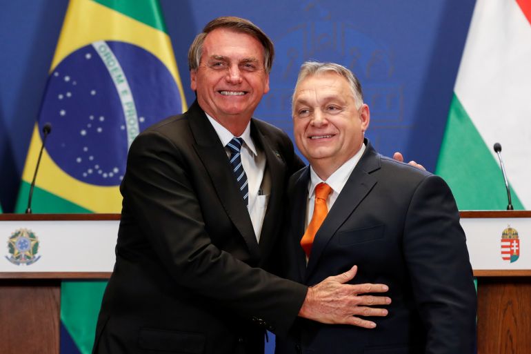 Hungarian PM Viktor Orban and Brazilian President Jair Bolsonaro give a joint statement, in Budapest, Hungary, February 17, 2022